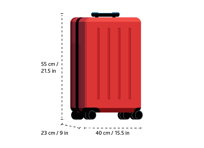 Image of a carry-on bag with maximum dimensions: 55 centimeters or 21.5 inches high. 40 centimeters or 15.5 inches wide. 23 centimeters or 9 inches deep